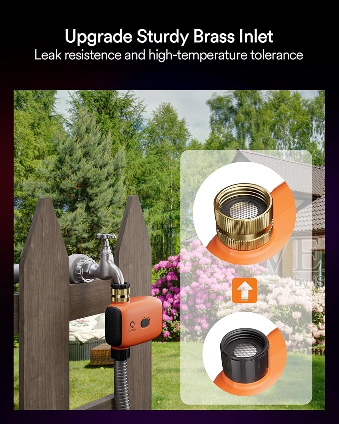 Lumary WiFi Water Timer for Garden Hose w/Hub Brass Inlet, Work with Alexa | Brass Inlet, Support Rain Delay/Remote/Auto/Manual, Battery Sprinkler Timer for Drip Irrigation System, Programmable Faucet