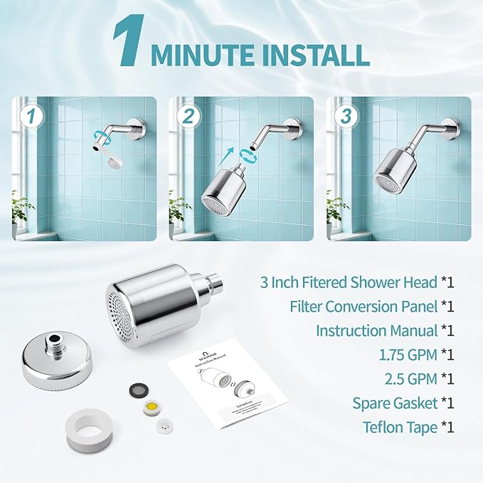 SR SUN RISE 2-IN-1 Filtered Shower Head & Shower Filter with 20-Stage Cartridge – High Pressure Shower Head & Hard Water Softener, Removes Chlorine for Healthier Skin and Hair( 3 Inch, Chrome, NSF)