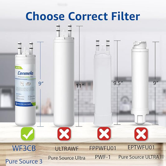 WF3CB Replacement Water Filter, 4 Pack | Compatible with Frigidaire WF3CB, Pure Source 3, 706465, 242069601, 242086201, 242017800, WF425, Height 9 inches