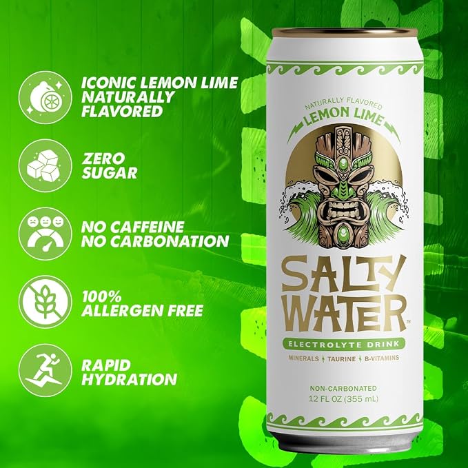 SaltyWater Electrolyte Drink, Lemon Lime – Zero Sugar Premium Hydration Drink, 10 Calories, Minerals, Taurine, B-Vitamins, Non-Carbonated - Zero Caffeine Electrolyte Sports Drink - Gluten Free - 12 Pack (12 oz)
