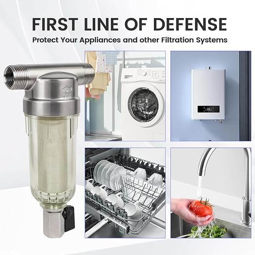 304 Stainless Steel 40 Micron Spin Down Water Filter, Whole House Spin Down Sediment Water Filter, Reusable Flushable Pre-Filtration System, 1" MNPT + 3/4" FNPT, BPA Free