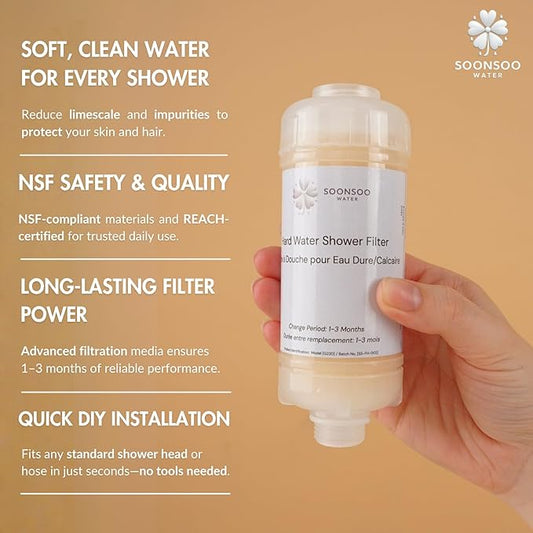 NSF Certified Hard Water Shower Filter - Removes Chlorine, Limescale & Impurities - For Soft Skin & Hair