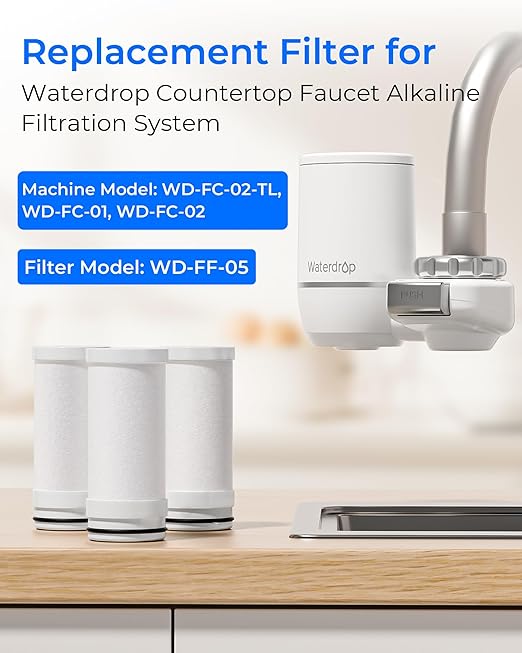 Waterdrop FF-05 Alkaline Water Filter Replacement for Waterdrop WD-FC-02T/FC-02/FC-01/FC-06, Water Filter for Sink Faucet, Reduces Chlorine, Sediment, Bad Taste & Odor, 9 Months, 3 Pack