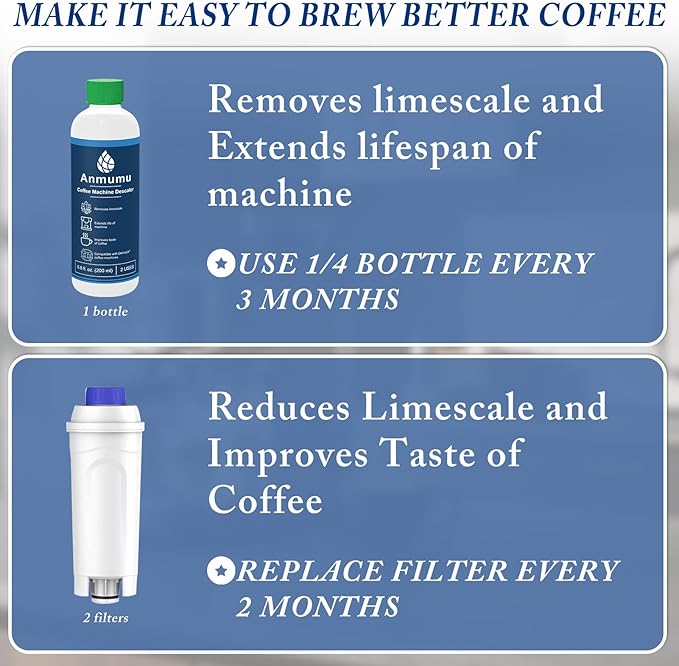 Anmumu Delonghi* Compatible Cleaning&Descaling Kit - 1 Bottle 200ML Descaling Solution with 2 Pack Coffee Filter Replacements DLSC002,Fits ECAM,Esam,ETAM Coffee Machines