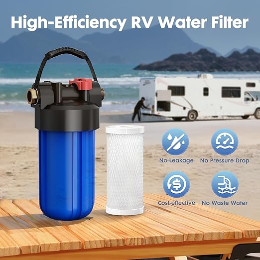 RV Water Filter System,Clog-Resistant Inline Water Filter with Brass Threads,0.2 Micron 6-Stage Filtration for RVs and Campers,4.5x10in.Cartridge,Filters VOCs,Chlorine, Sediments,Heavy Metals,Odors