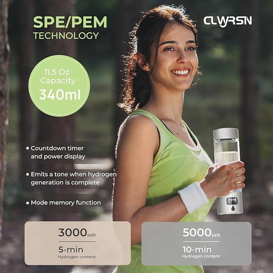 Hydrogen Water Bottle, Portable Glass Hydrogen Water Bottle Generator Machine — SPE/PEM Technology — Athletic Performance & Hydration System — for Gym, Sports, Travel & Outdoor, 11.5Oz (Silver)