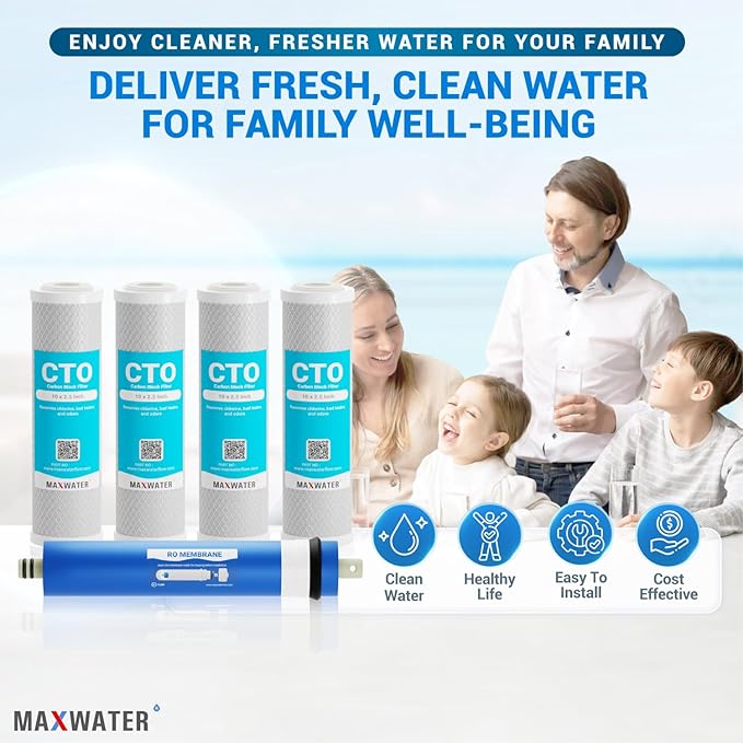 Max Water Combo Pack FX12P and FX12M or TFM-24 Water Filter Replacement, Compatible GE RO Set GXRM10RBL GXRM10G Reverse Osmosis Systems - Carbon Block Filters and 50 GPD RO Membrane (Membrane + 4 CTO)