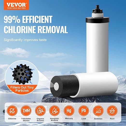 VEVOR Gravity-fed Water Filter System, 2.25G 304 Stainless-Steel Countertop Water Filtration System, Reduces Lead and up to 99% of Chlorine, with 2 Ceramic Carbon Filters, Water Level Spigot, Stand
