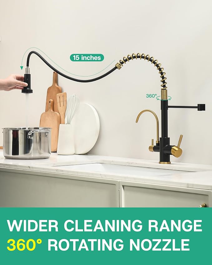 GIMILI 3 in 1 Kitchen Faucet with Pull Down Sprayer Black and Gold Two Handle Kitchen Sink Faucet with Under Sink Water Filter System Reduces PFAS, PFOA/PFOS, Lead, Chlorine, Bad Taste & Odor