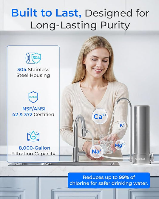 Waterdrop Water Filter for Sink Faucet, NSF/ANSI 42 Certified Countertop Water Filter System, 5-Stage Stainless Steel Faucet, 8000 Gallons, Reduces Heavy Metals and 99% Chlorine, WD-CTF-01(1 Filter)