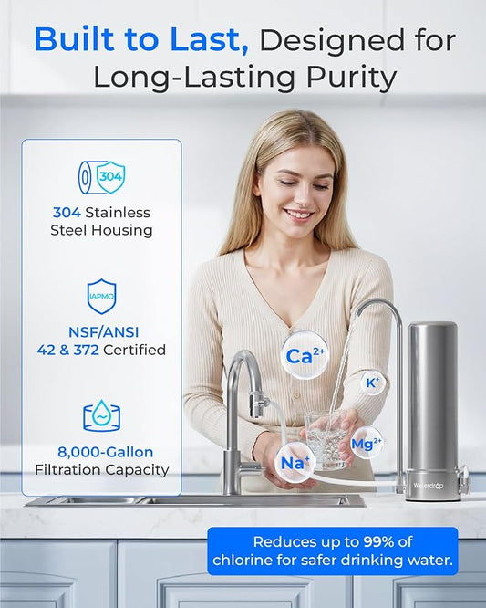 Waterdrop CTF-01 Water Filter for Sink Faucet, 5-Stage Stainless Steel | Reduces Heavy Metals and 99% Chlorine, NSF/ANSI 42 Certified Countertop Water Filter System, 8000 Gallons, 1 Filter