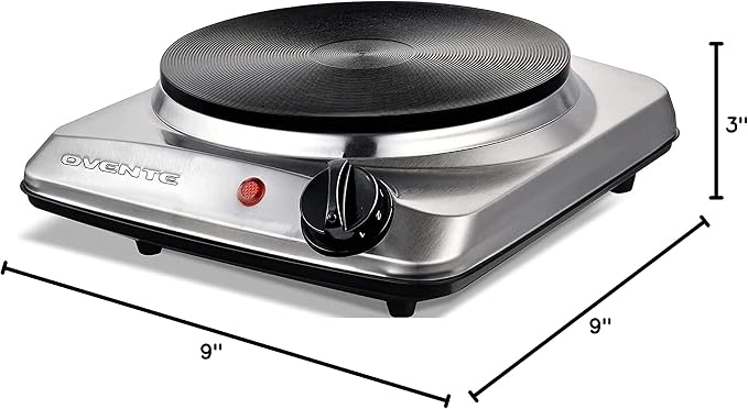 OVENTE Electric Cast Iron Single Burner, 1000W Hot Plate, Silver BGS101S | 7.25" Portable Countertop Cooktop, Stainless Steel, 5 Level Temperature Control, Compact Cooking Stove, Easy to Clean