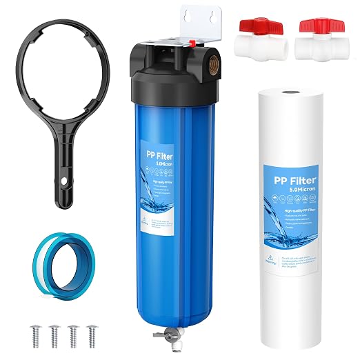 Whole House 20"x4.5" Blue PP Sediment Pre-Filter Housing with Drain Valve | Filters sediment, rust & dirt, pre-filter for city & well water, easy DIY install, includes 1 pack PP filter and 2 valves