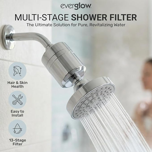 Everglow 15-Stage High Output Shower Filter Head for Hard Water | Water Softener System Helps Improve Hair, Skin, Nails, Vitamin C Infused for Eczema, Dandruff, 100% Chlorine Removal
