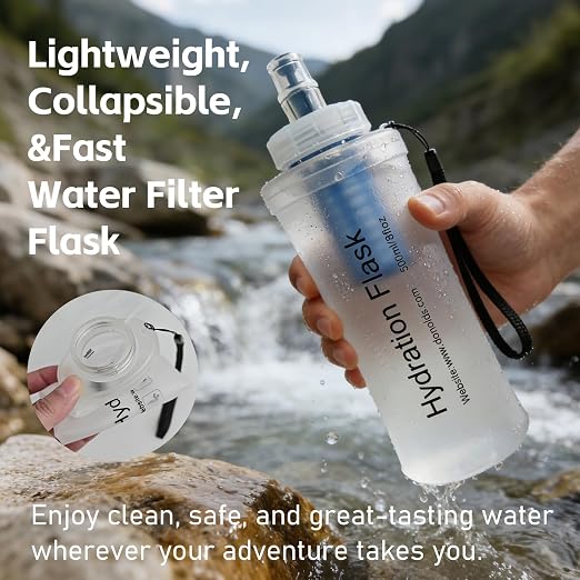 AXEN Collapsible Water Bottle with Filter System, Soft Hydration Flask for Trail Running, Camping, Hiking, Cycling, 1L Clear