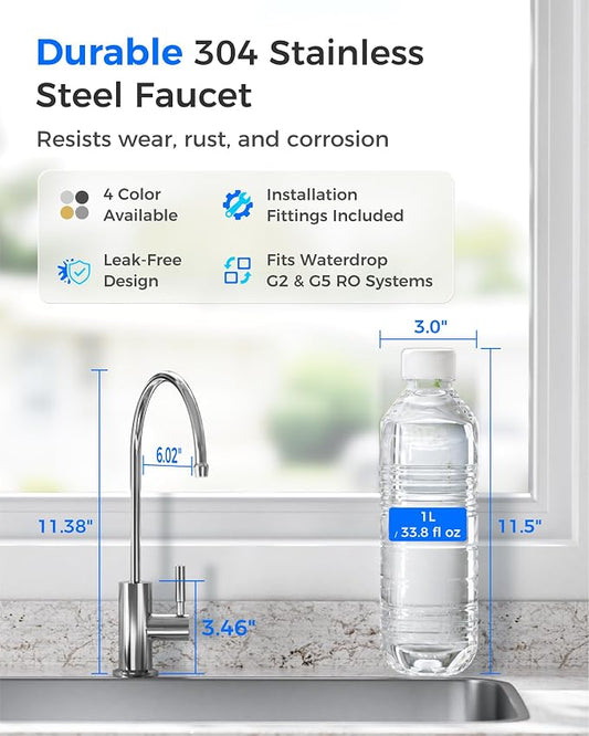 Waterdrop G2FCT-Chrome Reverse Osmosis Water Filter Faucet, Polished Chrome | Water Faucet for Kitchen Bar Sink, NSF/ANSI 372 Certified, Lead-Free, 304 Stainless Steel, Single Handle, 360° Swivel Spout