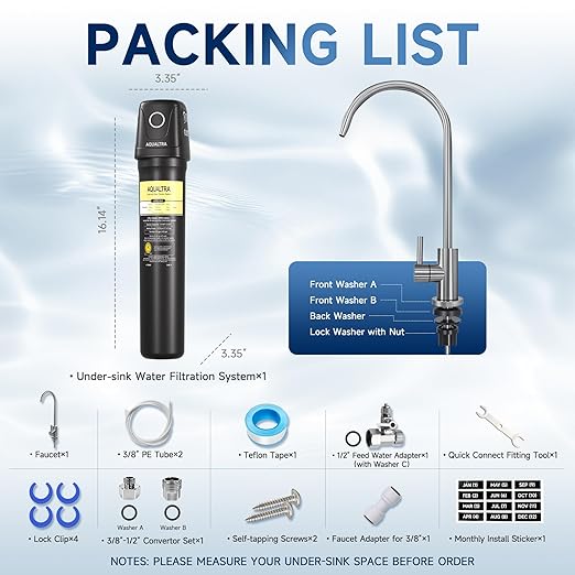 AQUALTRA USF02-BKF Under Sink Filter System, 20K Gal with Faucet, NSF/ANSI/CAN 372 Certified, Reduce PFOA, PFOS, Chlorine, Lead, Mercury, Chloramine, Fluoride, Microplastic Particles, Bad Taste & Odor