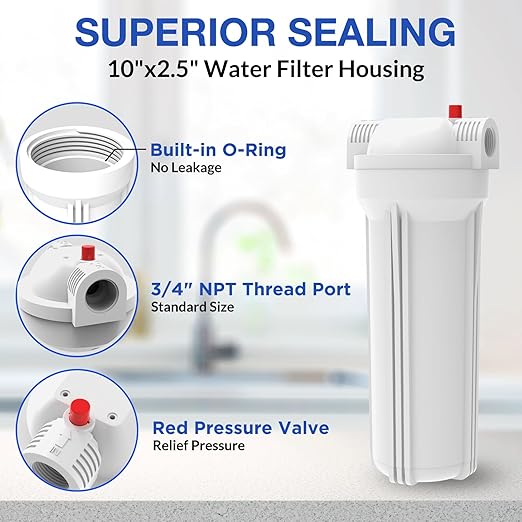 SimPure Whole House Water Filter Housing, Inline Water Filter for Home, Universal 10 inch Sediment Filter with 3/4 NPT Inlet and Outlet, Heavy Duty Steel Bracket, 4 Screws, Wrench