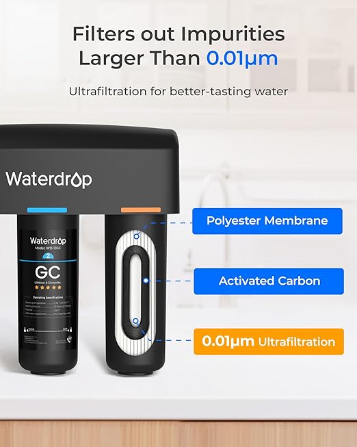 Waterdrop TSB-UF 0.01 μm Ultra Filtration Under Sink Water Filter System | Reduces Chlorine, Fluoride, Taste&Odor, 9 Layer Under Sink Water Filtration System, Easy Installation, with Dedicated Faucet