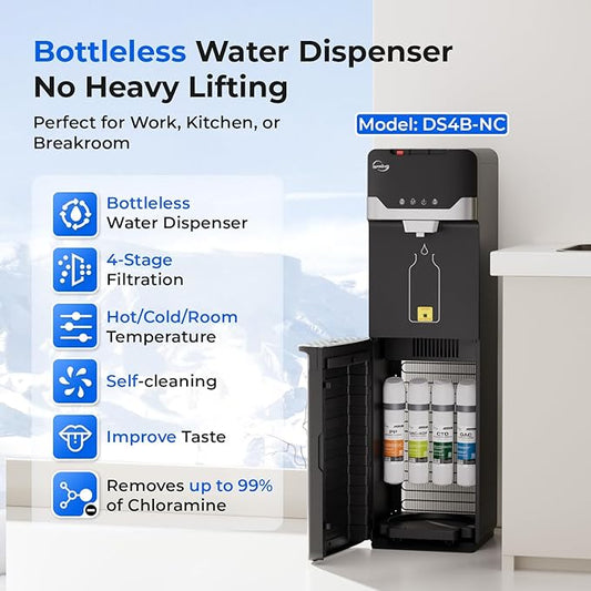 iSpring Bottleless Water Dispenser with Built-in 4-Stage Filtration, Chloramine Removal, Water Cooler Dispenser - Hot, Cold, Room Temp, Self Cleaning, Black,Model: DS4B-NC