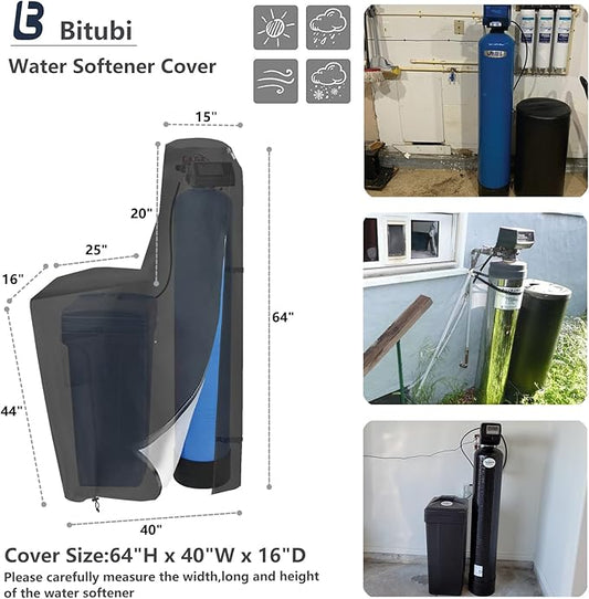 Bitubi Water Softener Cover with Split Zipper,Outdoor Water Softener Brine Tank Cover,Waterproof Anti-UV(64" H x 40" W x 16" D, Black) All Weather Protection