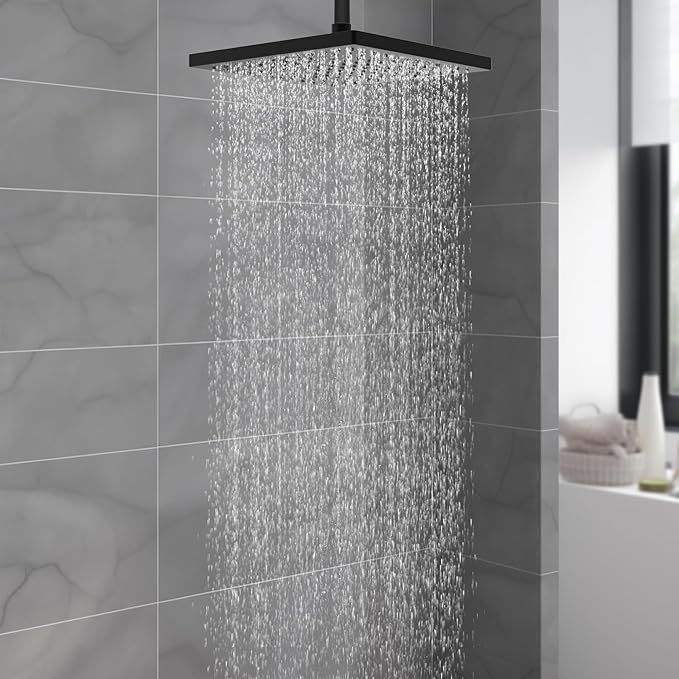Hibbent cUCPC Certified Metal Shower Head, 10'' High Pressure Rainfall Shower Head, Square Bathroom Waterfall Shower Heads, High Flow Fixed Showerheads with Adjustable Brass Ball Joint, Matte Black