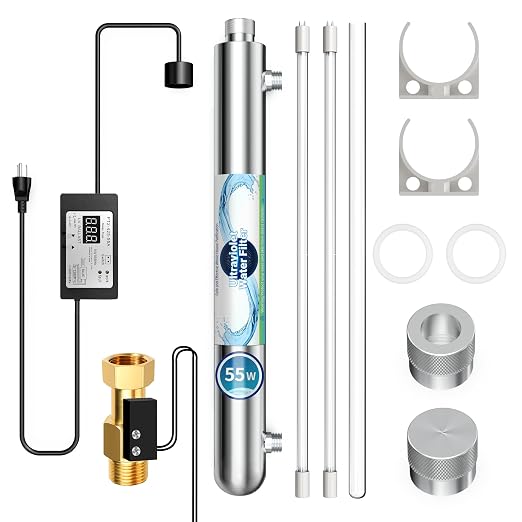 Whole House UV Water Filter System 55W 120V, 12GPM High Flow Whole Home Water Purifier with 3/4” MNPT Ports Equipped with Intelligent Water Flow Switch +1 Extra Bulb