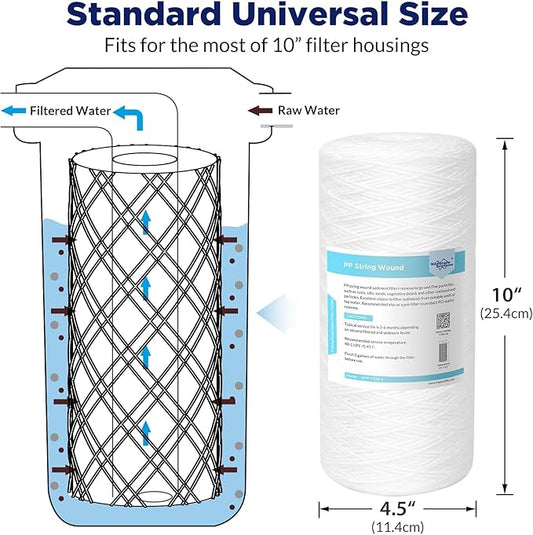 Membrane Solutions 5 Micron 10""x4.5"" String Wound Whole House Water Filter Replacement Cartridge Universal Sediment Filters for Well Water - 4 Pack, WPP-F10B-5