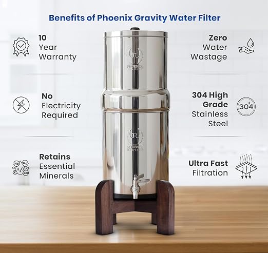 Phoenix Gravity 2.25G Water Filter System with Teak Stand & Fluoride Filter