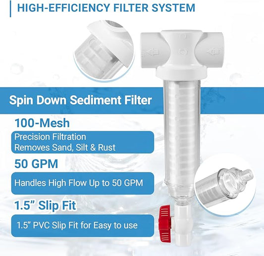 Spin Down Sand Separator, Sediment Water Filter System, 100 Mesh, 1.5-Inch PVC Slip Fit, 50 GPM, Heavy-Duty Pre-Filter for Well, Irrigation, and Home Water Systems