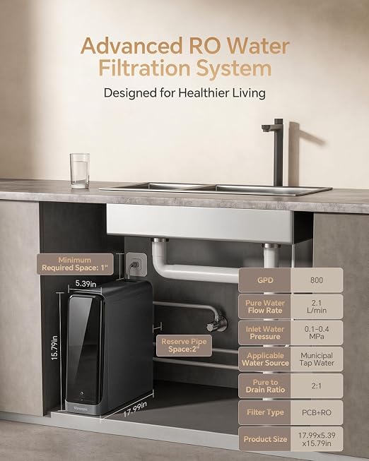 Vancepic QR800 Under Sink Osmosis Water Filter System, 800GPD RO Water Purifier with Faucet, Touch Control, 2:1 Pure to Drain Ratio, Fast Flow Rate 0.55 GPM for Kitchen, Includes Leak Detection