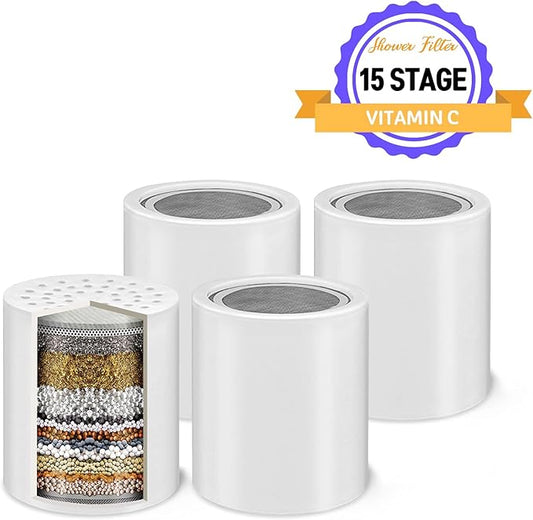 Bath Beyond 15-Stage Shower Filter Replacement Cartridge (Pack of 4) Shower Filter w/Vitamin C for Hard Water - Shower Water Filter Removes Chlorine Fluoride/Improves Condition of Your Skin, Hair