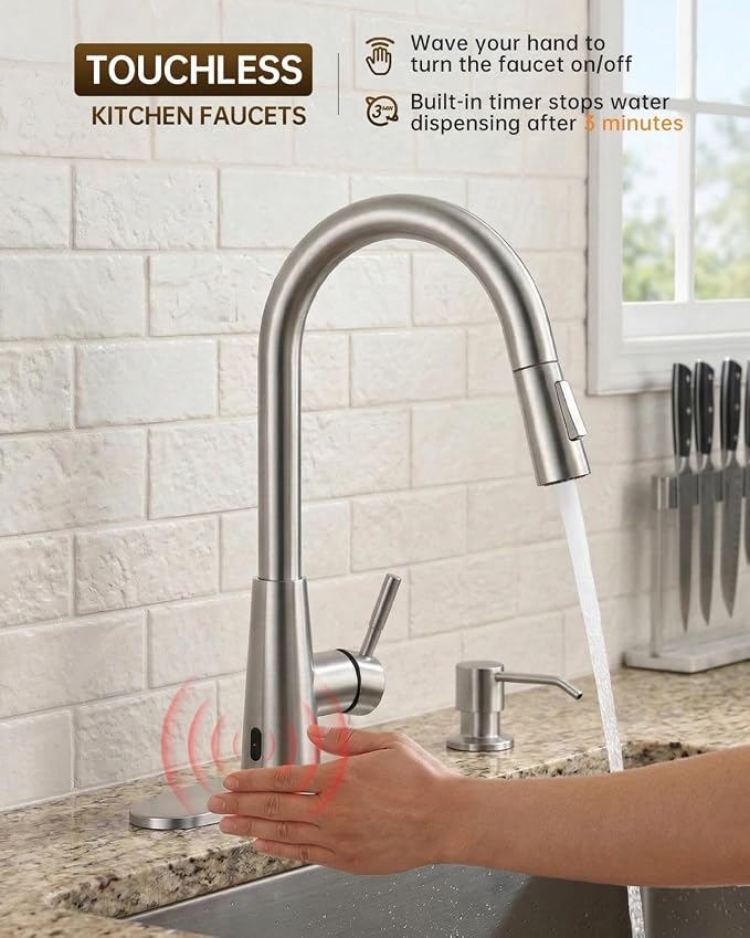 APPASO Kitchen Faucet Touchless with Soap Dispenser and Pull Down Sprayer | S304 Stainless Steel Brushed Nickel Motion Sensor Hands Free Sink Faucets 2 Modes with cUPC Lead-Free Certified Water Hoses