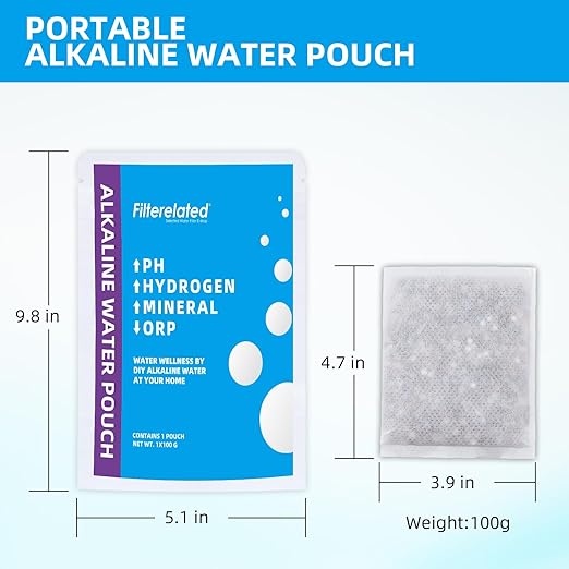 Filterelated Alkaline Water Filter Pouch 100g, Raise pH to 9+, BPA-Free SGS Tested, Portable Water Filter for Home, Camping, Travel, Office, Long-Lasting 420 Liltre / 111 Gallons (1-Pack)