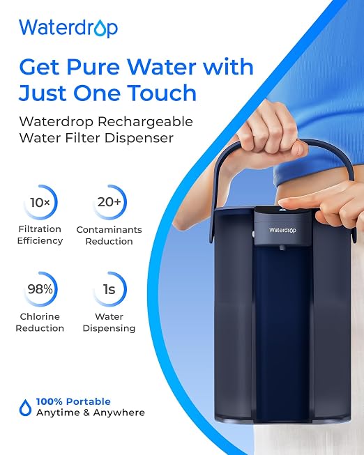 Waterdrop ED61B Rechargeable Water Filter Dispenser, 15-Cup, Blue | 200-Gallon Water Pitcher, Instant Countertop System, 10X Filtration Efficiency, Reduces 98% Chlorine and 20+ Contaminants