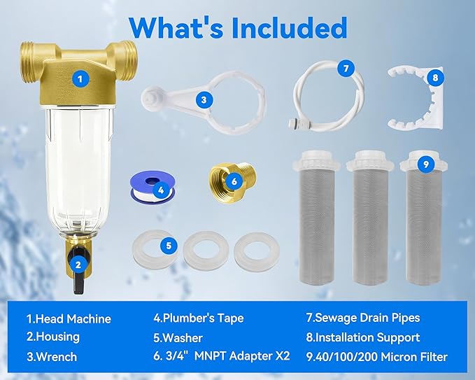 POHIR Spin Down Sediment Filter 40/100/200 Micron, Reusable Water Filter for Whole House Pre-Filtration System, 1" MNPT + 3/4" FNPT + 3/4"MNPT with Sewage Drain Pipe