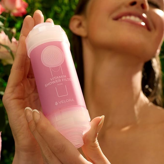 VELORA Vitamin C Shower Filter - Rose-Scented Aromatherapy Shower Water Filter and Softener - Universal Showerhead Bathroom Attachment - Replenish Dry Skin, Soften and Nourish Hair