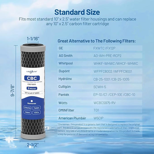 5 Micron 10" x 2.5" Whole House CTO Carbon Block Water Filter Cartridge Replacement for AO-WH-PRE-RCP2, FXWTC, W5CIP, SCWH-5, WFPFC8002, WFPFC9001, WHKF-WHWC, 3WH-STDCW-F02, CB-25-1005 (Pack of 4)