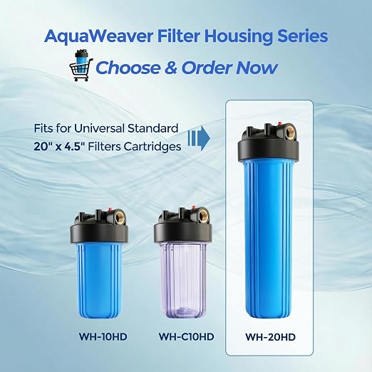 WH-20HD Whole House Water Filter Housing, Fit 20"x4.5" Sediment Filters for Well and City Water, Big Filter Blue Pre-Filtration System for Home, 1" NPT Port, Pressure Release