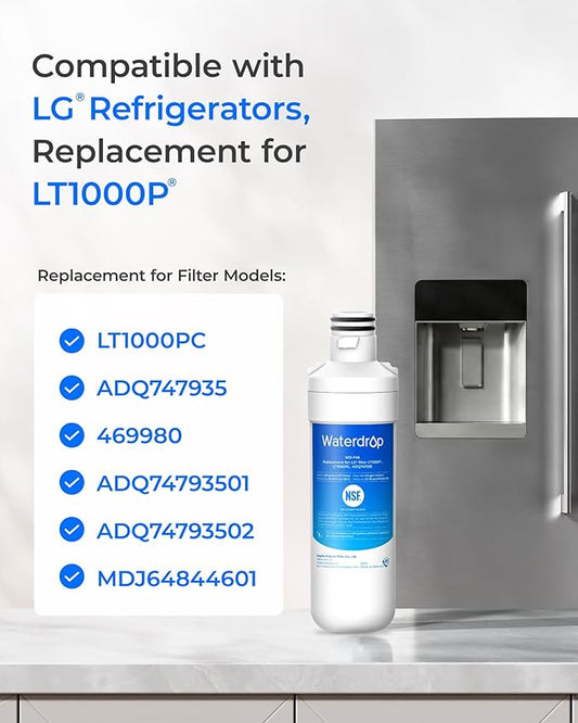 Waterdrop LT1000PC ADQ747935 Refrigerator Water Filter and Air Filter, Replacement for LG® LT1000P®, LMXS28626S, LFXS26973S, LFXS26596S, LFXS28596S, ADQ74793501, ADQ74793502 and LT120F®, 2 Combo