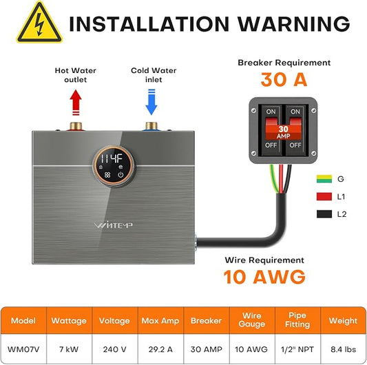 7kW Tankless Water Heater Electric 240V, On-Demand Instant Hot Water | Automatically Maintains Water Temperature Instant Water Heater Under Sink Self-Modulating Technology ETL Certified Eco