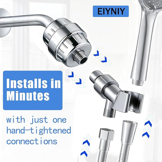 Universal Shower Filter, High Output with Replaceable 15-Stage Cartridge to Remove Chlorine & Impurities, Improve Water Quality for Skin & Hair Care, Chrome,with Bracket Holder (EY-009S)