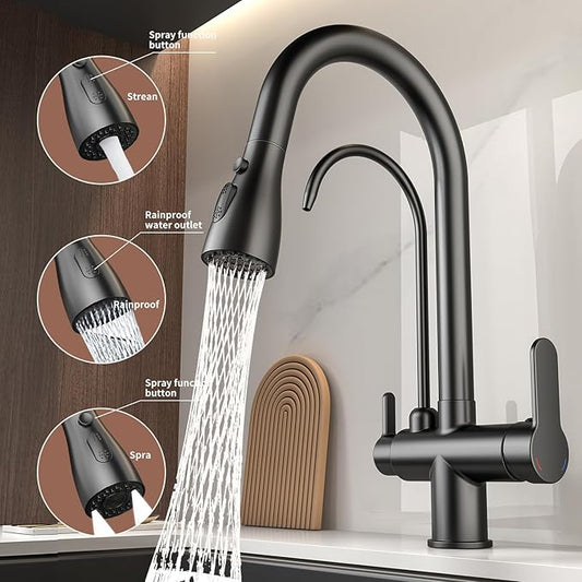 Kitchen Sink Faucet with Pull - Down Sprayer, 2 - Handle 3 - in - 1 Kitchen Sink Filter Faucet, Cold and Hot Mixer Drinking Water Faucet (3-in-1 Filter Faucet, Black)