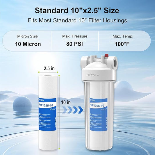 10 Micron 10" x 2.5" Sediment Filter, Whole House Water Filter Cartridge Replacement for Any 10 inch RO Unit, Compatible with Culligan P5, GE FXUSC, WFPFC5002, AP110, WHKF-GD05, Pack of 6