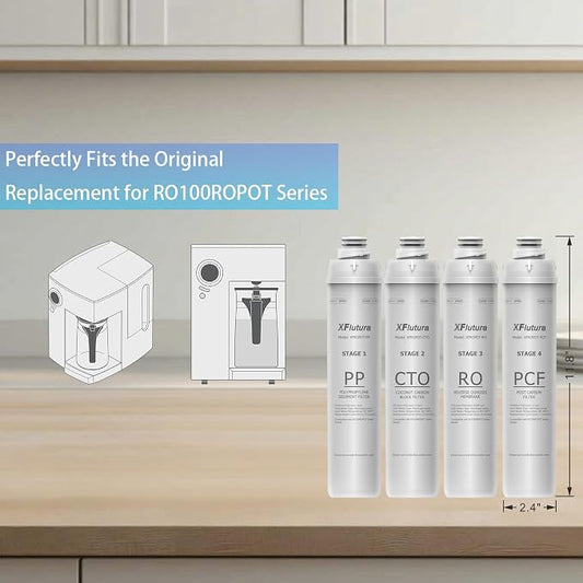 RO100ROPOT Series 4-Pack Replacement Filter Cartridge Set Compatible with Bluevua RO100ROPOT, RO100ROPOTUV Series Water Filter, Pack of 4 Filters (1*PP, 1*CTO, 1*RO, 1*PCF)