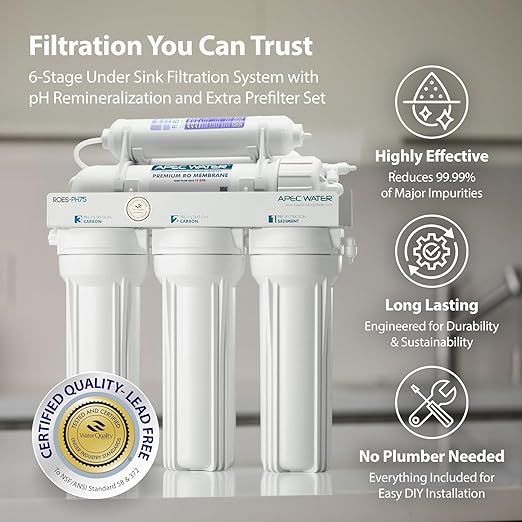 APEC Water Reverse Osmosis Water Filter System, WQA Certified, 6-Stage with Alkaline Mineral pH+ and Extra High Capacity Pre-Filter Set Stage 1-3, Ultra Safe Essence Series, 75 GPD