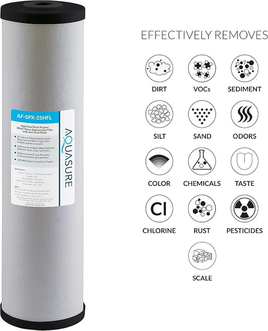 Aquasure Fortitude V2 Series AF-SPX-25HFL Sediment/Carbon/Siliphos Anti-Rust Media, Bacteria & Scale Inhibitor, Triple Purpose Whole House Replacement Filter Cartridge For AS-FL-25SPX, Large Size
