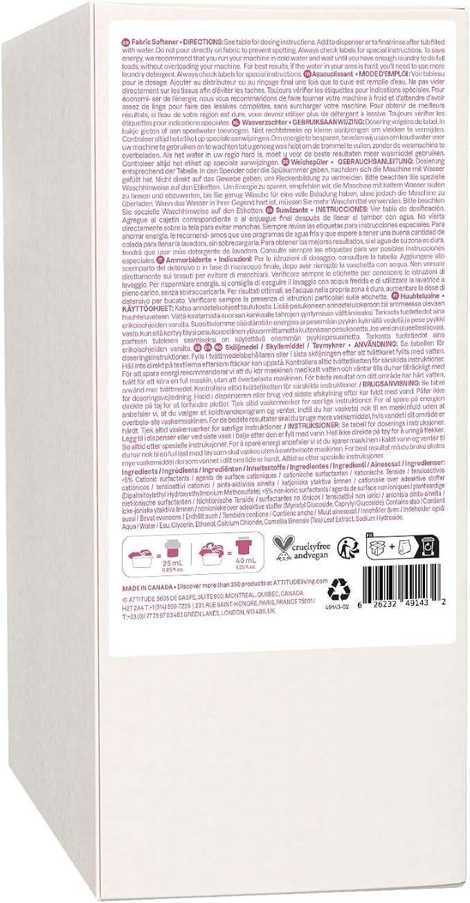 ATTITUDE Baby Fabric Softener, Plant and Mineral-Based Ingredients, HE Compatible, Vegan and Cruelty-free Laundry and Household Products, Unscented, Bulk Refill, 80 Loads, 67.6 Fl Oz