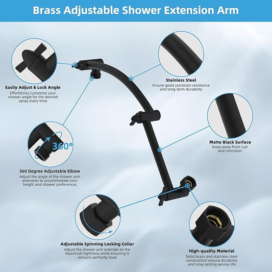 Hibbent All Metal cUPC Certified Rain Shower Head, 12'' High Pressure Rainfall Showerhead with 16" Shower Head Extension Arm, Solid Brass Adjustable Shower Arm Extender, fixed Showerheads, Matte Black