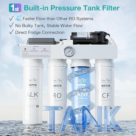 SimPure T2-600A Alkaline Reverse Osmosis Water Filter System, NSF/ANSI 58 Certified, Built-in Pressure Tank Filter, UV, 600 GPD 8 Stage RO Filtration with Mineral, 2:1 Pure to Drain Ratio